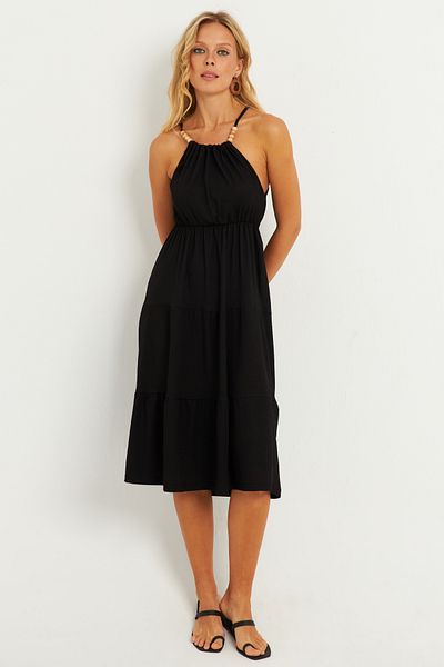 Cool & Sexy Damska czarna sukienka midi z koralikami, szczegółowo owinięta HO52