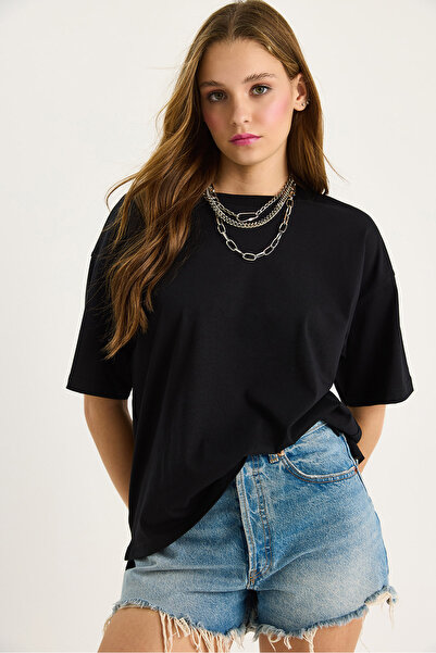 Bianco Lucci Γυναικείο μπλουζάκι από 100% οργανικό βαμβάκι με χαλαρή εφαρμογή με σκίσιμο στρογγυλό λαιμό 60602047