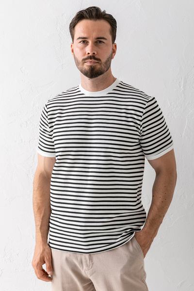 JB John Borners Мъжка тениска с къс ръкав и кръгло деколте, черна, на райета ...