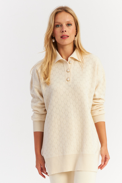 Cool & Sexy Women's Ecru Pearl Buttoned Knitwear Bottom and Top Set Nuv33