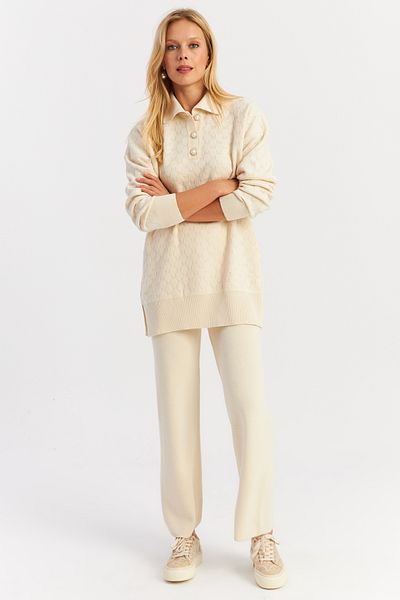 Cool & Sexy Women's Ecru Pearl Buttoned Knitwear Bottom and Top Set Nuv33