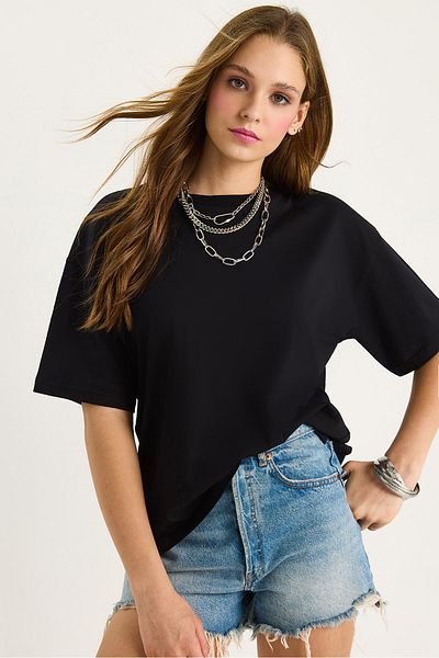 Bianco Lucci Women's 100% Organic Cotton Relaxed Fit Slit Round Neck T-Shirt 60602047