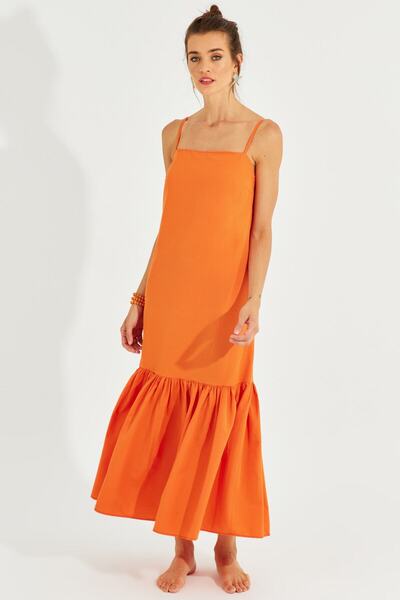 Cool & Sexy Women's Orange Skirt Flounced Strap Midi Dress MEN2001