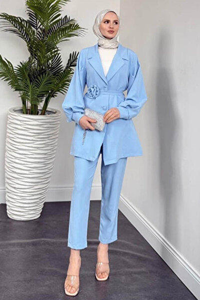 Tesettür Diyarı Синій жіночий креп-пас пас штани комплект