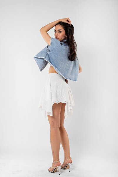 Bak Moda Lace Detailed Cross Cut White Skirt