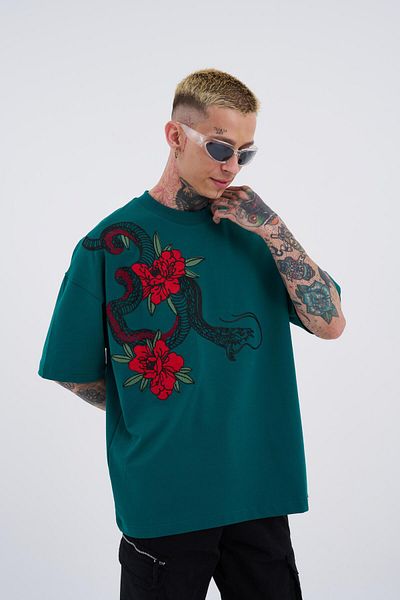 Machinist Ανδρικό μπλουζάκι Sneaking Roses Κεντημένο Oversize Petrol Green T-shirt