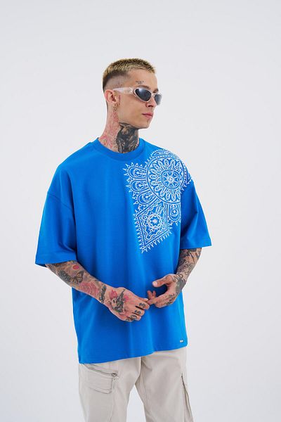 Machinist Ανδρικό μπλουζάκι με Ethnic Κέντημα Oversize γαλάζιο