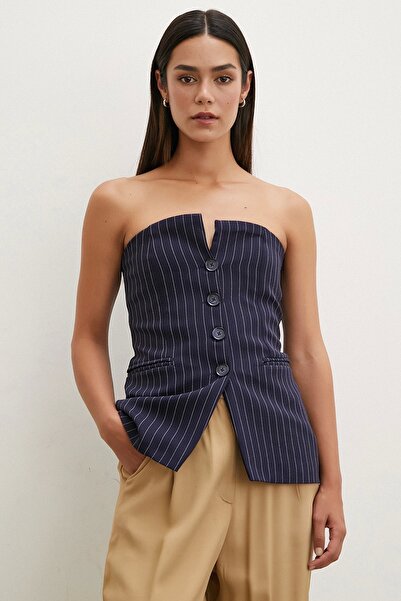 Never more Navy Blue Striped Strapless Vest