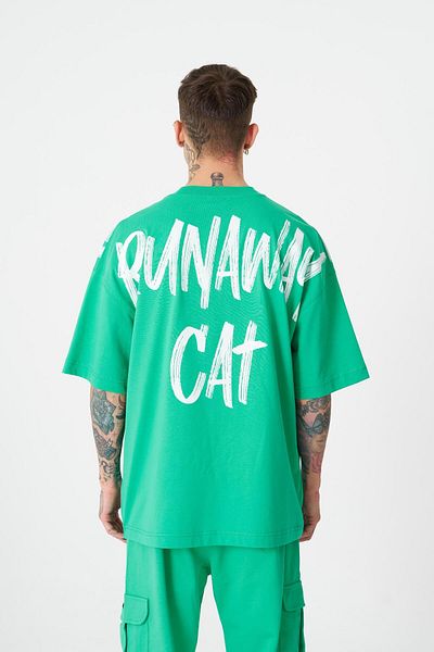 Machinist Ανδρικό μπλουζάκι Runaway Cat Printed Oversize ανοιχτό πράσινο