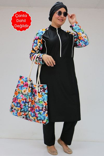 Eslina 1733 Plus Size Zippered Hijab Swimsuit - Mixed Pattern Blue