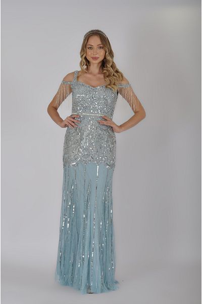 GATSBYLADY LONDON Chloe Cold Shoulder Maxi Dress in Ice Blue