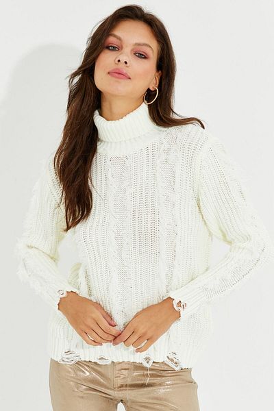 Cool & Sexy Women's Ecru Turtleneck Tassel Knitwear Sweater KZ2471