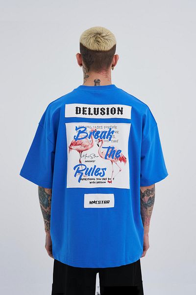 Machinist Tricou albastru oversize pentru bărbați cu imprimeu Break The Rules