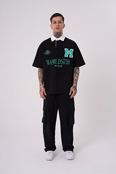 Machinist Men's World Star Polo Collar Black T-Shirt