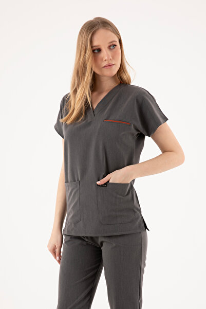 VİZYON UNIFORM Premium Likralı Kül Rengi Hemşire Forması Cerrahi Takım, Scrub...
