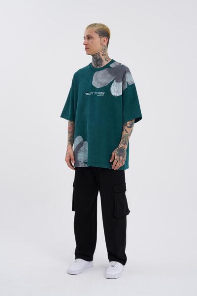 Machinist Men's Oversize Petrol Cloudy T-Shirt - Washed Flowers Printed