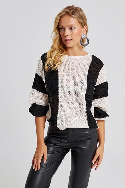 Cool & Sexy Women's Ecru-Black Openwork Knitwear Sweater YV218
