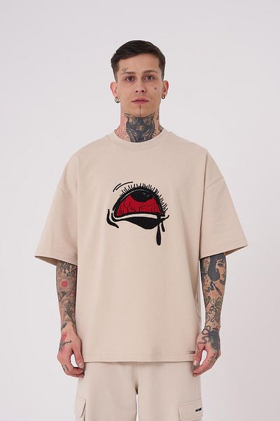 Machinist Tricou oversize brodat Tired Eyes, bej deschis, pentru bărbați