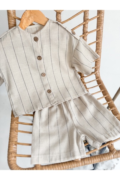 Sis and Bro Linen Striped Epaulet Bottom-Top Set