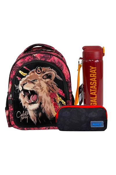 Galatasaray Licensed School Bag with Roaring Lion, Double Eyed Pen Holder - Steel Flask Gift
