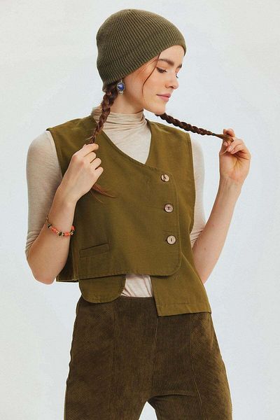 Clandestino Asymmetric Cut Bohemian Vest with Pocket Detail Khaki