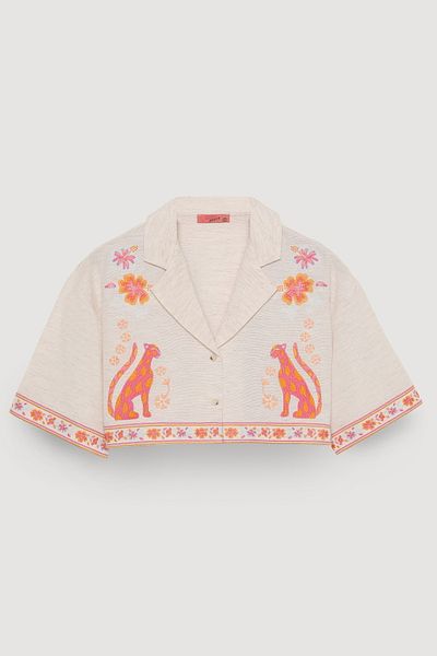 Quzu Cheetah Figured Floral Embroidered Linen Crop Shirt Natural