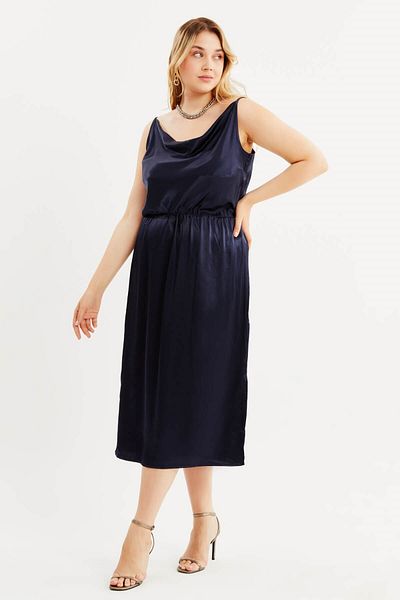 MYLİNE Satin Degaje Neck Slit Dress