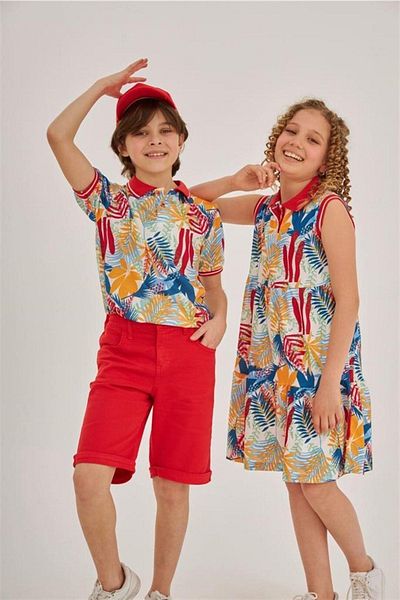Hilal Akıncı Kids Boy's Patterned Collared T-Shirt Colorful Denim Shorts