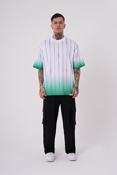 Machinist Ανδρικό ριγέ μηχανικός εμπριμέ υπερμεγέθη λευκό ανοιχτό πράσινο μπλουζάκι