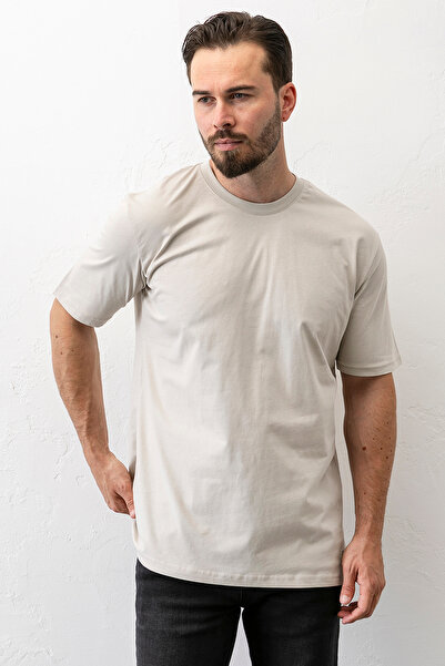 JB John Borners Ανδρικό μπλουζάκι με λαιμόκοψη Basic βαμβακερό μπεζ - 2271