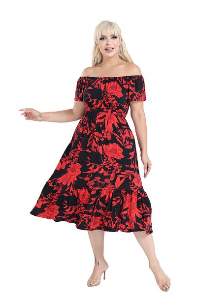 MELSAY Madonna Collar Strap Red Palm Tree Pattern Dress