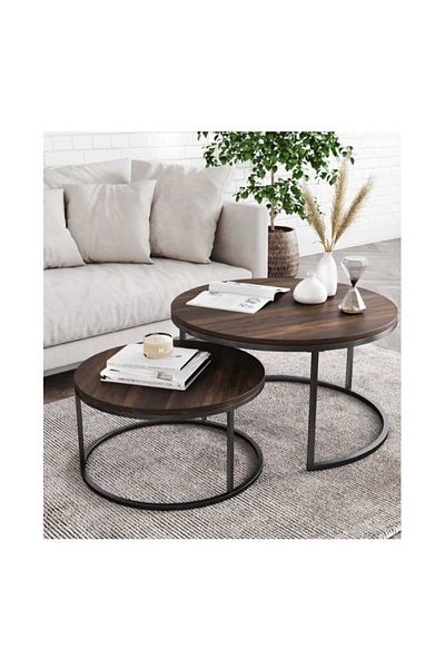 Luxury Home Round Coffee Table Set of 2 with Nested Table and Circular Coffee Table with Open Storag