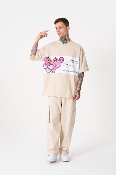 Machinist Ανδρικό μπλουζάκι με στάμπα ροζ Panther Oversize ανοιχτό μπεζ