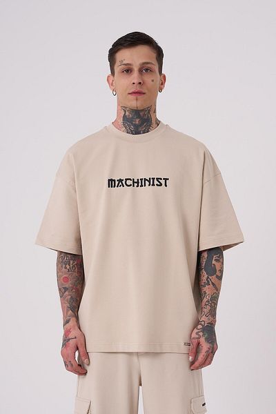 Machinist Tricou supradimensionat, bej deschis, cu imprimeu Crane Patch pentru bărbați