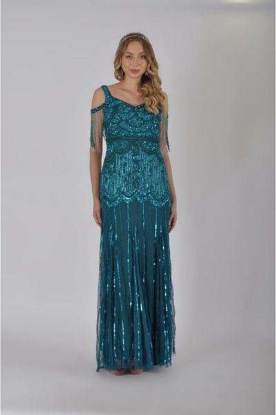 GATSBYLADY LONDON Chloe Cold Shoulder Maxi Dress in Teal Blue
