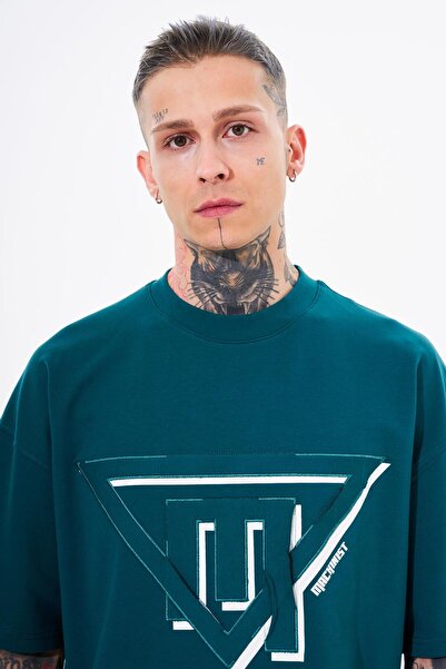 Machinist Men's Triangel Applique Printed Petrol Green T-Shirt