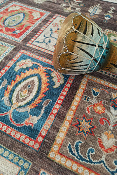 Alpina Home Lavin Yıkanabilir Dokuma Taban Kahverengi Etnik Desenli Salon Mutfak Oturma Odası Kilimi