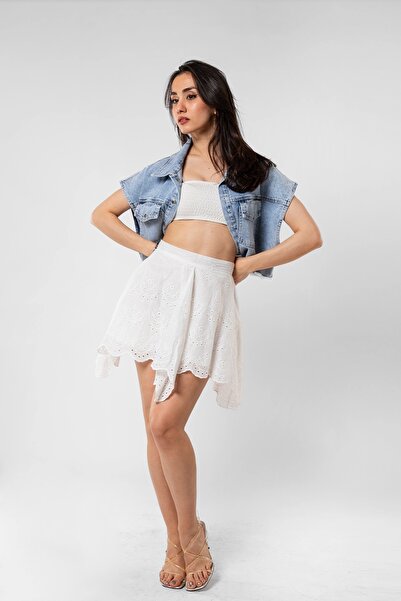 Bak Moda Lace Detailed Cross Cut White Skirt
