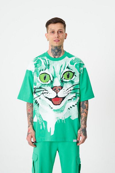 Machinist Ανδρικό μπλουζάκι Runaway Cat Printed Oversize ανοιχτό πράσινο