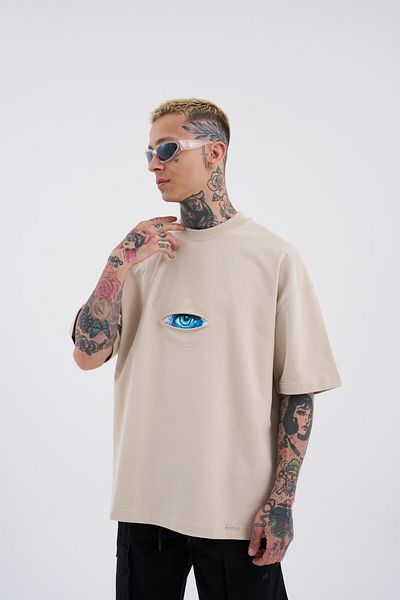 Machinist Ανδρικό μπλουζάκι Born Again Eye με στάμπα Oversize ανοιχτό μπεζ
