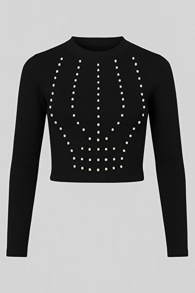 Cesuz Siyah Renk Ottoman Kumaş Göğüs Taş Detaylı uzun kollu Crop, Taşlı Crop,...