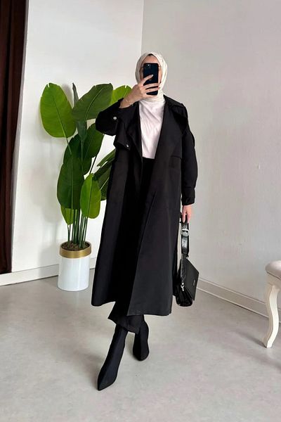 Tesettür Diyarı Black Belted Trench-Snap Detail Shoulder and Arm Trench-Black