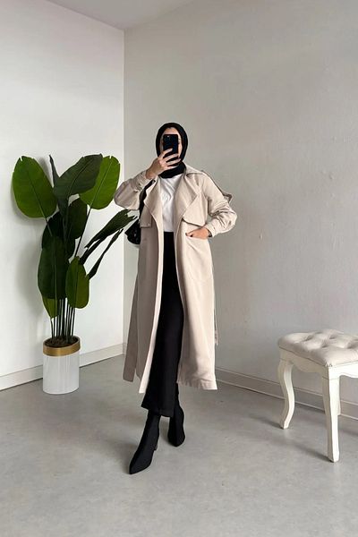Tesettür Diyarı Beige Colored Belted Trench-Snap Detailed Shoulder and Arm Design