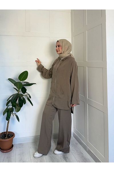 Molly Nelly Γυναικεία καλοκαιρινή μακριά μπλούζα με παντελόνι Hijab καφέ σετ