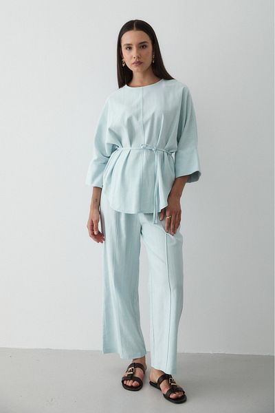 JASTE Women's Blue Linen Oversize Top Blouse & Elastic Wide Leg Pants Double Suit