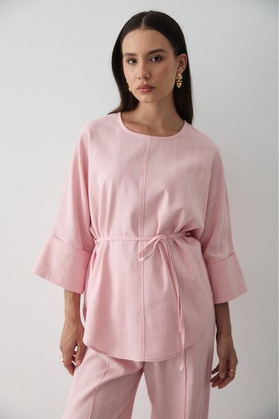 JASTE Women's Pink Linen Oversize Top Blouse & Elastic Wide Leg Pants Double Set
