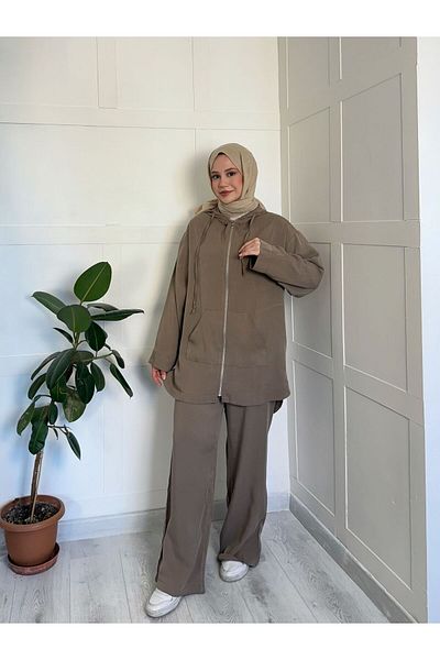 Molly Nelly Γυναικεία καλοκαιρινή μακριά μπλούζα με παντελόνι Hijab καφέ σετ