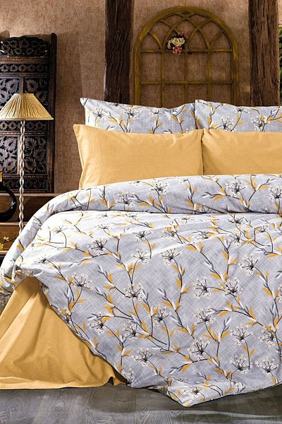 CANDAN ÇEYİZ Double Sheets Elastic Cotton Floral Mustard Duvet Cover Set with 4 Pillowcases (Gift)