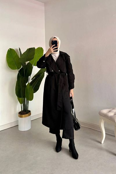 Tesettür Diyarı Black Belted Trench-Snap Detail Shoulder and Arm Trench-Black