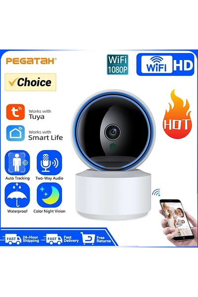 PEGATAH كاميرا Tuya 1080p مزودة بخاصية Wifi وكاميرا مراقبة الأطفال بزاوية 360 درجة مع كشف الحركة وصوت ثنائي الاتجاه ورؤية ليلية